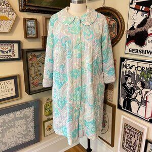Vintage Lorraine Pastel Blue & Aqua Button-Up Quilted Robe With Floral Pattern S